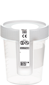 Urin-Becher NFT, 100 ml, (ØxH): 57 x 76 mm, PP, mit Sicherheitsetikett, mit integrierter nadelfreier Transfereinheit, transparent