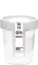 Gobelet de recueil des urines NFT, 100 ml, (Ø x h) : 57 x 76 mm, PP, avec étiquette de sécurité, avec dispositif de transfert intégré sans aiguille, transparent