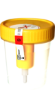 Flacon avec bouchon à vis, 100 ml, (Ø x h) : 57 x 76 mm, PP, avec étiquette de sécurité, avec dispositif de transfert intégré, transparent