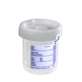 Gobelet de recueil des urines, 90 ml, (Ø x h) : 60 x 65 mm, PP, avec étiquette papier, transparent