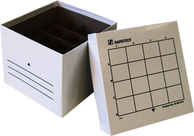 Caja de almacenamiento, tapa superior encajada, cartón, dimensión modular: 4 x 4, para 16 recipientes