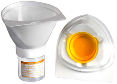 Kit de recueil d’urine de jet intermédiaire, 70 ml, (L x Ø) : 115 x 95 mm, pour récipient de 70 ml, gradué(e), PP, translucide, avec étiquette papier