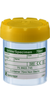 Urine container, 70 ml, (LxØ): 55 x 44 mm, graduated, PP, transparent, with paper label