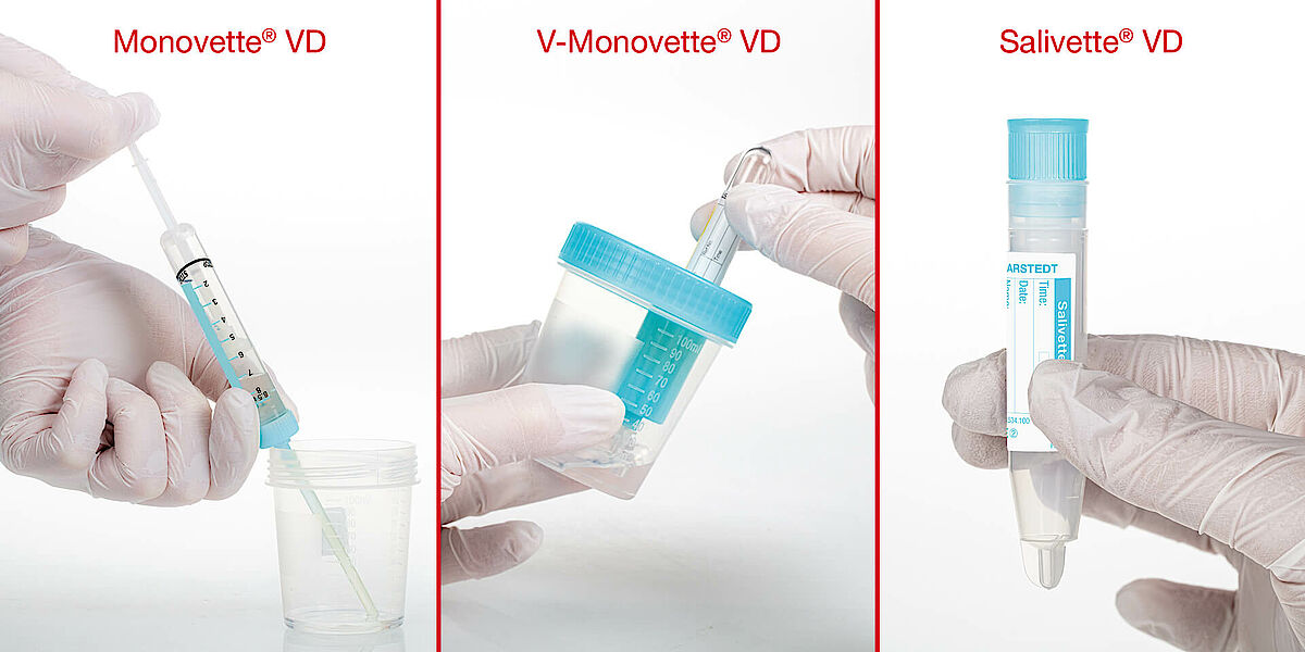 drei geteiltes Bild, links Monovette VD, mitte V-Monovette, rechts Salivette VD