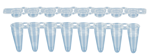 Tira 8 recipientes PCR, 100 µl, PCR Performance Tested, transparente, PP, tapón plano