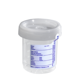 Urine container, 90 ml, (ØxH): 60 x 65 mm, PP, with paper label, transparent