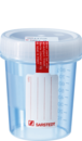 Container with screw cap, 100 ml, (ØxH): 57 x 76 mm, PP, with safety label, transparent