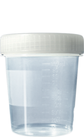 Container with screw cap, 100 ml, (ØxH): 57 x 76 mm, PP, with safety label, transparent