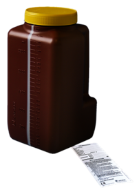 Frasco de coleta de urina, 3 l, com linha indicadora para visualização e etiqueta de identificação com instruções de utilização, marrom, com proteção contra a luz, graduado