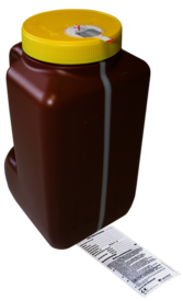 Flacon de recueil d’urine, 3 l, avec dispositif de transfert intégré, marron, avec protection solaire, gradué(e)