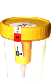 Container with screw cap, 100 ml, (ØxH): 57 x 76 mm, PP, with safety label, with integrated transfer unit, transparent