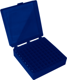 Storage box, hinged lid, PP, format: 10 x 10, for 100 collection tubes