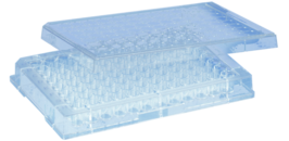 Plaque pour microtitration, 96 puits, couvercle coiffant, fond plat, PS, transparent