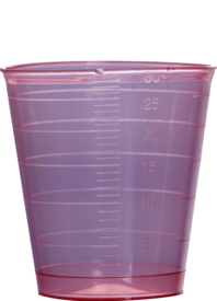 Medicine cup, max. volume: 30 ml, (LxØ): 40 x 37 mm, graduated, PP, red