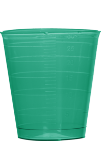 Medicine cup, max. volume: 30 ml, (LxØ): 40 x 37 mm, graduated, PP, green