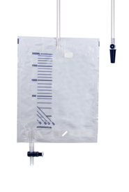 Sistema de drenaje urinario, 2 l, con válvula de retención, con válvula de drenaje en T, estéril