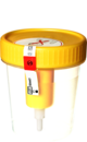 Container with screw cap, 100 ml, (ØxH): 57 x 76 mm, PP, with safety label, with integrated transfer unit, transparent