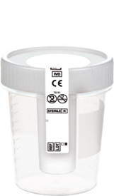 Urine container NFT, 100 ml, (ØxH): 57 x 76 mm, PP, with safety label, with integrated needle-free transfer unit, transparent