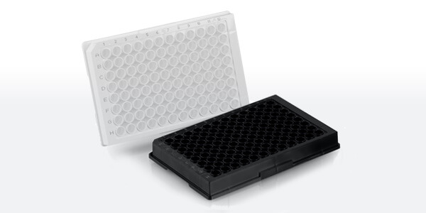 Schwarze Mikrotestplatte liegend, weiße Mikrotestplatte dahinter stehend