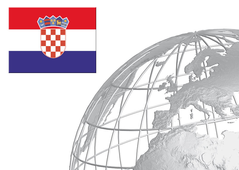 in der unteren rechten Ecke befindet sich ein Globus, in der oberen linken Ecke die  kroatische Flagge