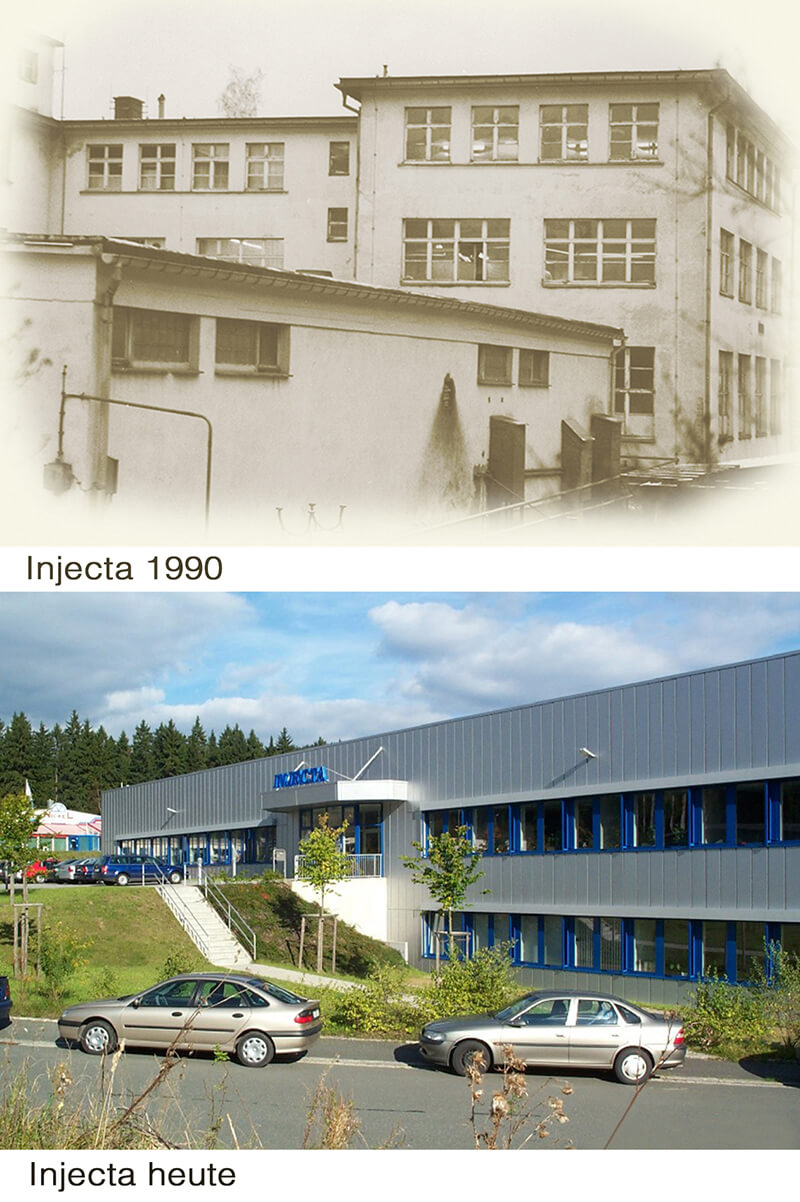 Oben Bild der Firma INJECTA aus dem Jahre1990, darunter aktuelles Bild der Firma INEJCTA